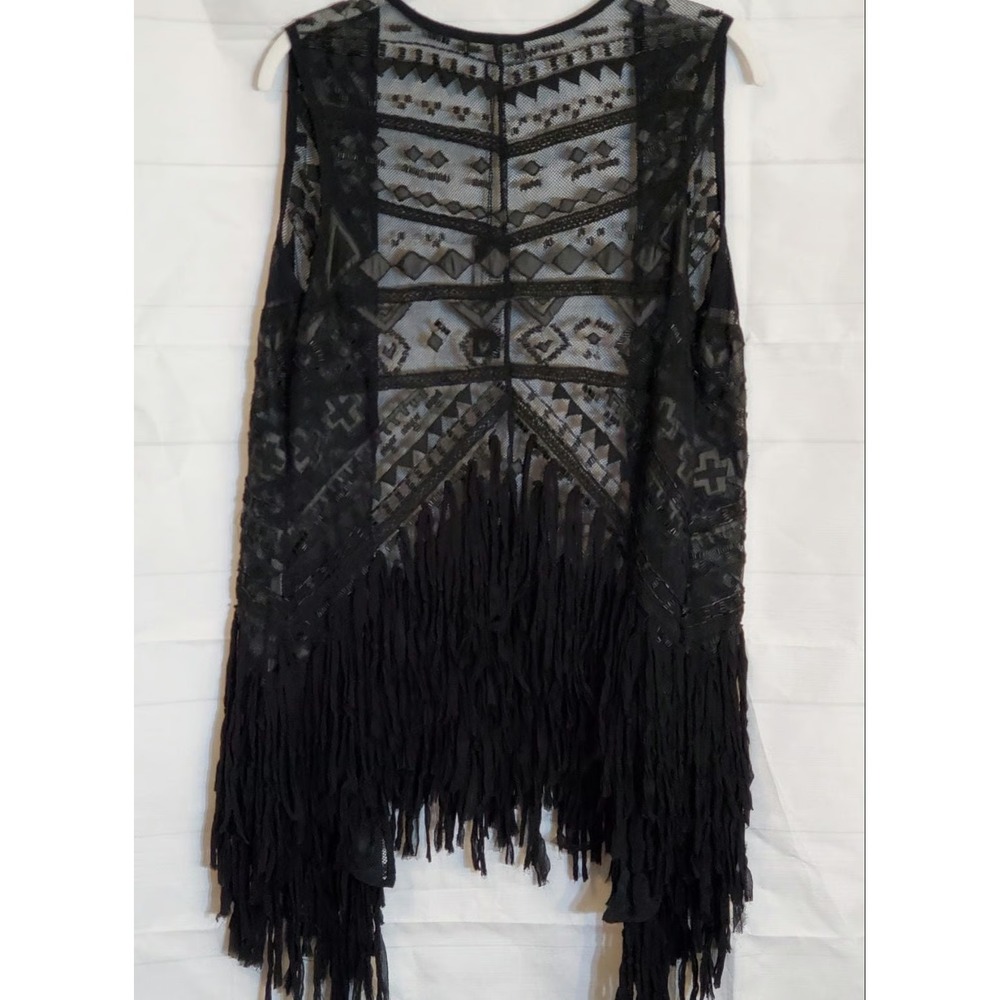 Boho Black Embroidered Womens Fringe Vest Med Y2K Witchy Whimsigoth Western NEW‎